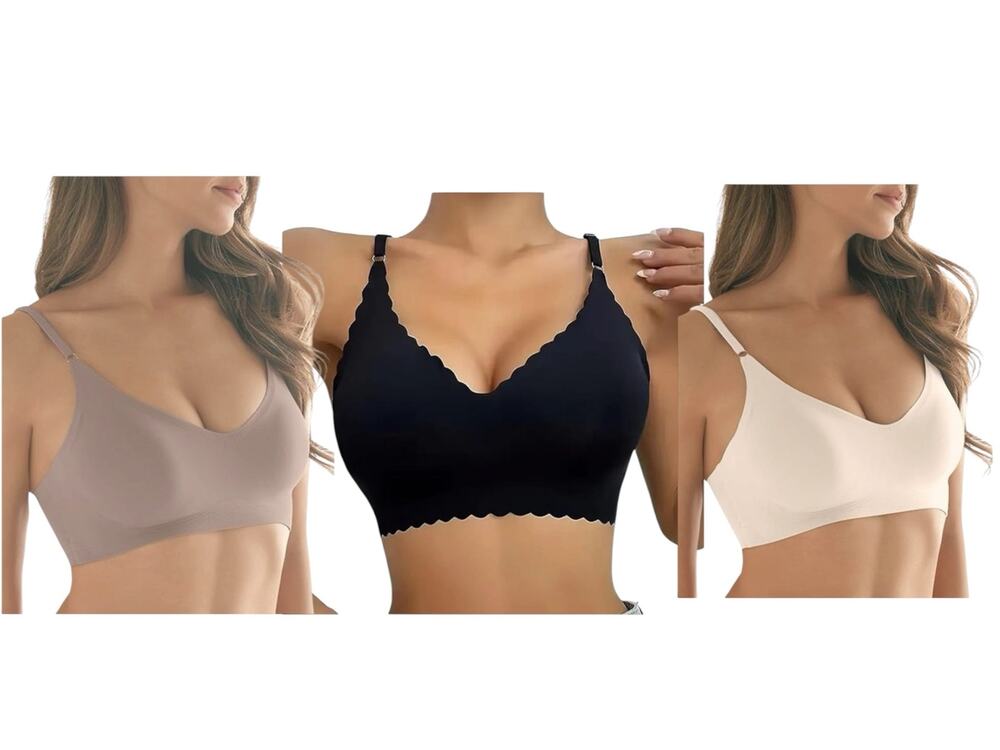 NWT ~ Plus Size Set/3 Black Scalloped Tan Nude Wireless Bras & Nipple Pads ~ XXL